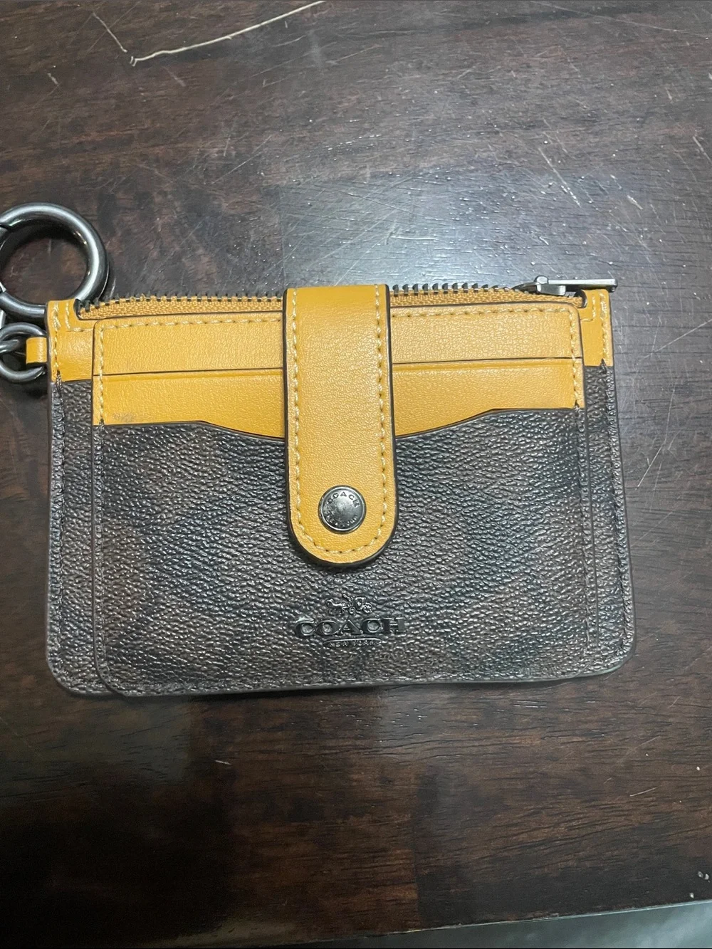 COACH Brown Pebbled Leather Card Case with Mustard Trim